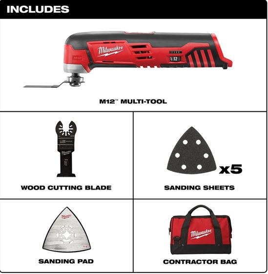 Milwaukee 2426-20 Multi-Tool, Tool Only, 12 V, 1.4 Ah, 5000 to 20,000 opm, Variable Speed Control - VORG5076104