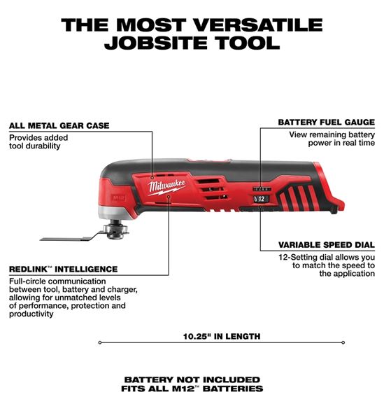 Milwaukee 2426-20 Multi-Tool, Tool Only, 12 V, 1.4 Ah, 5000 to 20,000 opm, Variable Speed Control - VORG5076104