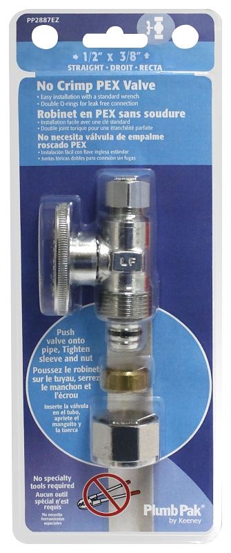 Plumb Pak PP2887EZ No Crimp Straight Stop Valve, 1/2 x 3/8 in Connection, PEX Barb x Compression, Brass Body - VORG5344262