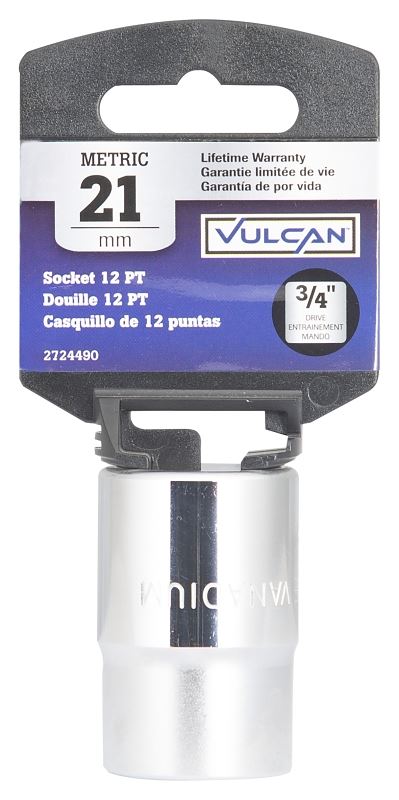 Vulcan MT-SM6021 Drive Socket, 21 mm Socket, 3/4 in Drive, 12-Point, Chrome Vanadium Steel, Chrome - VORG2724490