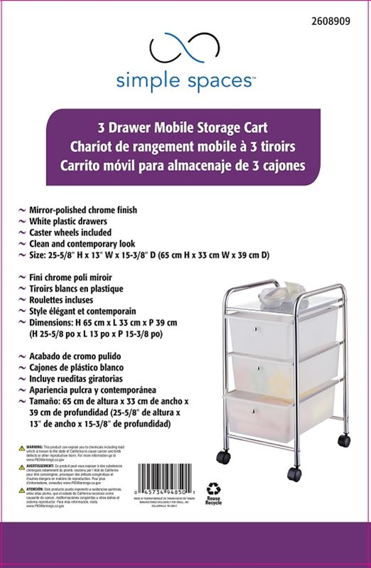 Simple Spaces G003-CH Storage Cart, 15-3/8 in OAW, 25-5/8 in OAH, 13 in OAL, 3-Shelf, White Shelf - VORG2608909