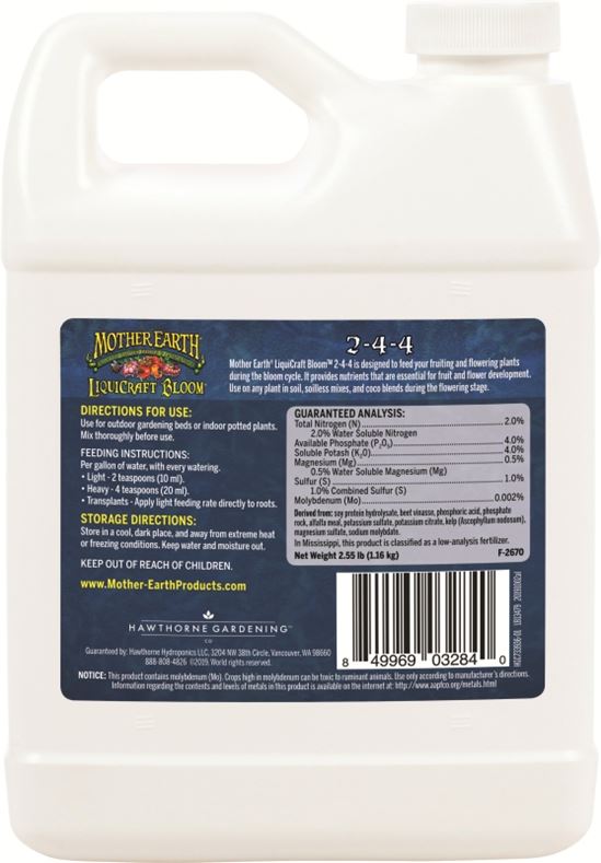 Mother Earth HGC733936 LiquiCraft Bloom Plant Fertilizer, 1 qt, Liquid, 2-4-4 N-P-K Ratio - VORG1928217