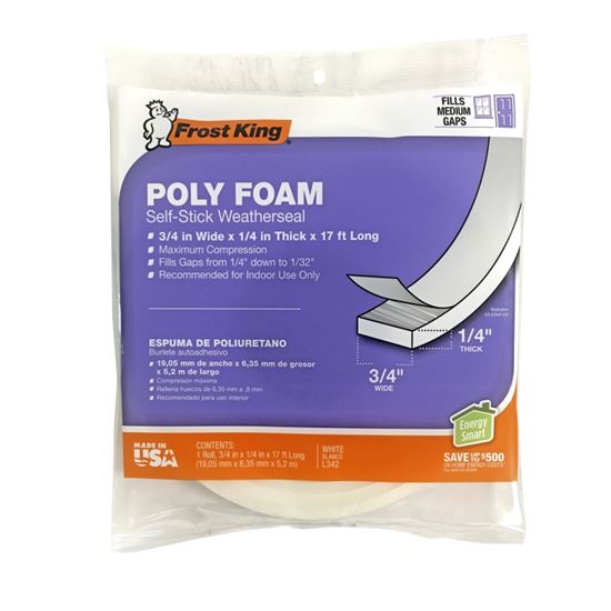 Frost King L342H Foam Tape, 3/4 in W, 17 ft L, 1/4 in Thick, Polyfoam, White - VORG1894807