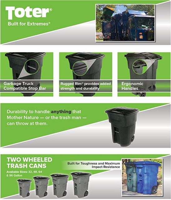 Toter 79296-R2968 Trash Can with Wheels and Attached Lid, 96 gal Capacity, Polyethylene, Greenstone, Lid Closure - VORG1225556