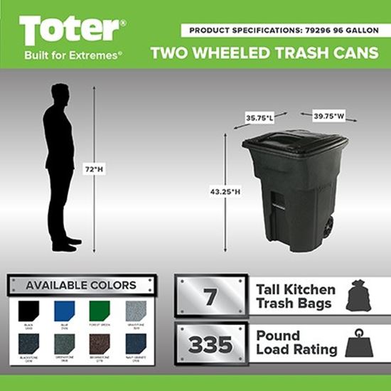 Toter 79296-R2968 Trash Can with Wheels and Attached Lid, 96 gal Capacity, Polyethylene, Greenstone, Lid Closure - VORG1225556