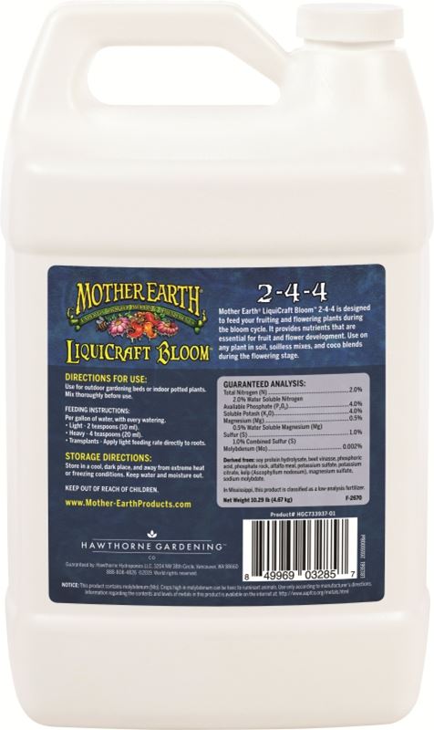 Mother Earth HGC733937 LiquiCraft Bloom Plant Fertilizer, 1 gal, Liquid, 2-4-4 N-P-K Ratio - VORG0653287