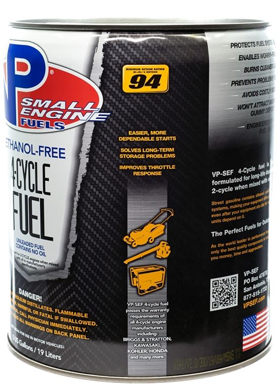 VP Racing 6202 4-Cycle Small Engine Fuel, Aromatic Hydrocarbon, Colorless, 5 gal Pail - VORG0053280