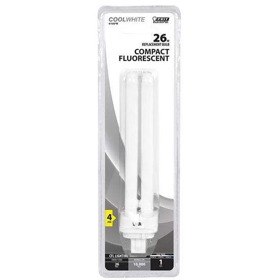 Feit Electric BPPLD26E/41 Compact Fluorescent Bulb, 26 W, PL Lamp, G24Q-3 Lamp Base, 1600 Lumens, 4100 K Color Temp - VORG7013337