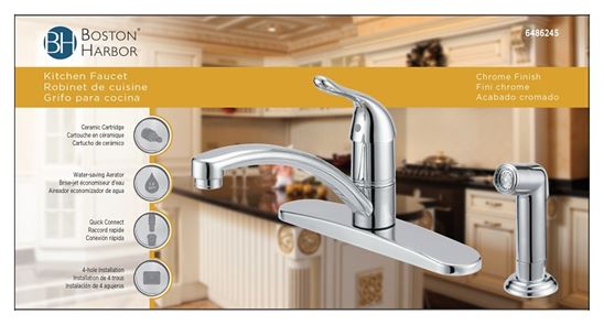 Boston Harbor 67534-1001 Kitchen Faucet, 1.8 gpm, 1-Faucet Handle, 4-Faucet Hole, Metal/Plastic, Chrome Plated - VORG6486245