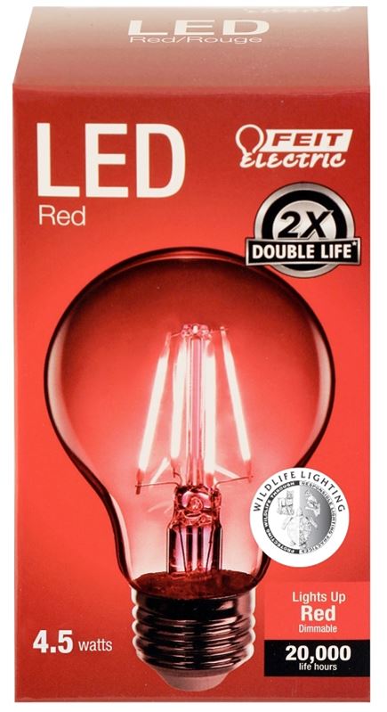 Feit Electric A19/TR/LED LED Bulb, General Purpose, A19 Lamp, E26 Lamp Base, Dimmable, Clear, Red Light - VORG7229388