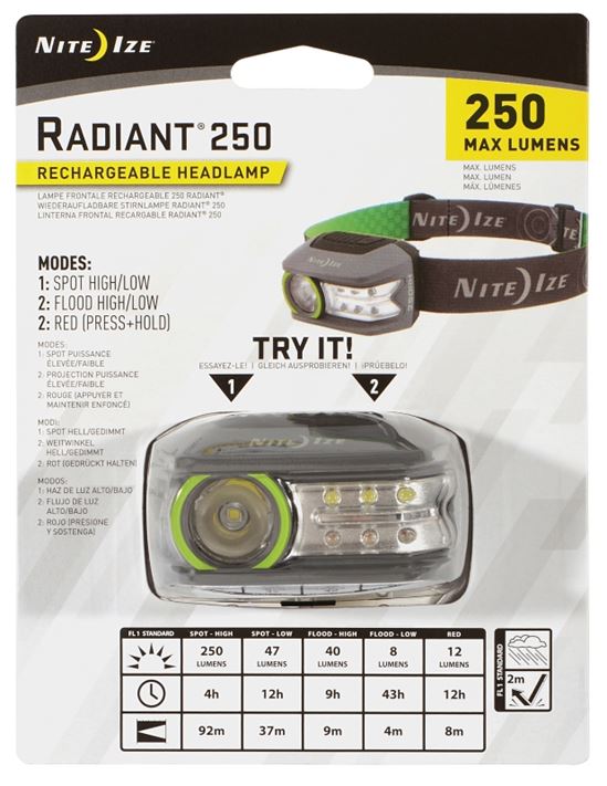 Nite Ize Radiant R250RH-17-R7 Rechargeable Headlamp, Lithium Battery, LED Lamp, 250 Lumens, Flood, Spot Beam - VORG5576103