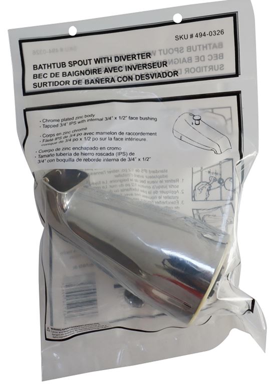 ProSource 24501-3L Bathtub Spout with Diverter, 5-1/4 in L, 3/4 x 1/2 in Connection, IPS, Zinc, Chrome Plated - VORG4940326