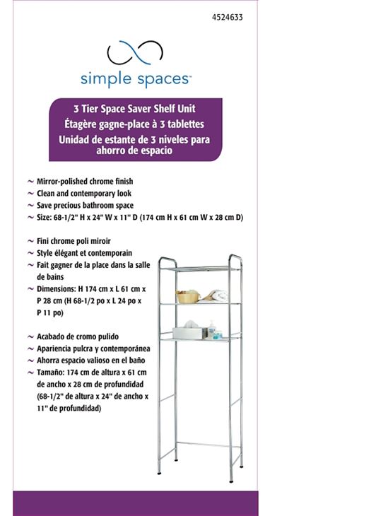 Simple Spaces TS16C0-CH Bathroom Shelf, 15 lb Each Shelf Max Weight Capacity, 3-Shelf, Steel, Polished Chrome - VORG4524633