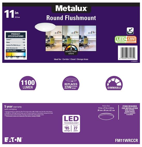 Metalux FM11WRCCR Round Flush Mount Ceiling Light, 120 V, 14 W, LED Lamp, 1100 Lumens Lumens, Steel Fixture - VORG9804873