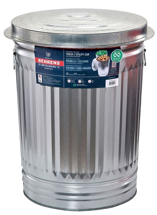 Behrens 1270 Trash Can, 31 gal Capacity, Steel, Silver