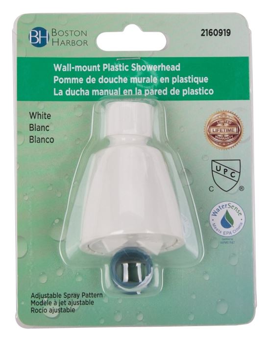 Boston Harbor S1210201WH Shower Head, 1.75 gpm, 1/2-14 NPT Connection, Threaded, ABS, White, 8 in L, 12 in W - VORG2160919