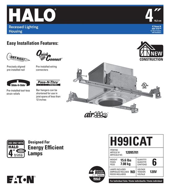 Halo H99ICAT Recessed Housing, 4 in Dia Recessed Can, Aluminum - VORG7648611