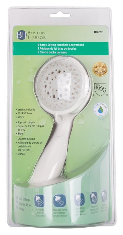 Boston Harbor Hand-Held Shower Head, 1.75 (6.6) 80 gpm (L/MIN) psi, 1/2-14 NPT Connection, Threaded, PVC, White - VORG1897511