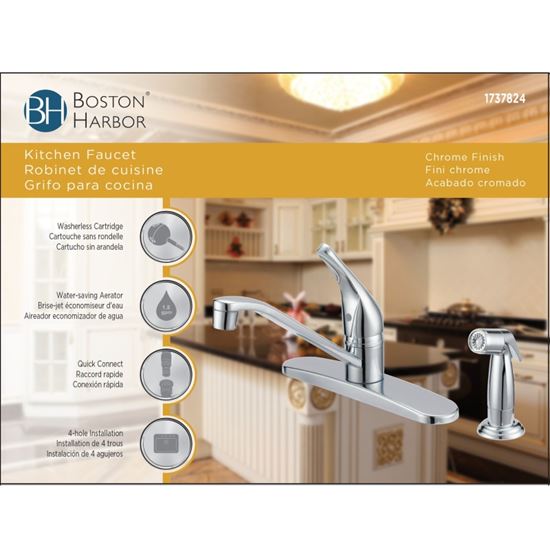 Boston Harbor FS610046CP Kitchen Faucet, 1.8 gpm, 1-Faucet Handle, 4-Faucet Hole, Metal/Plastic, Chrome Plated - VORG1737824