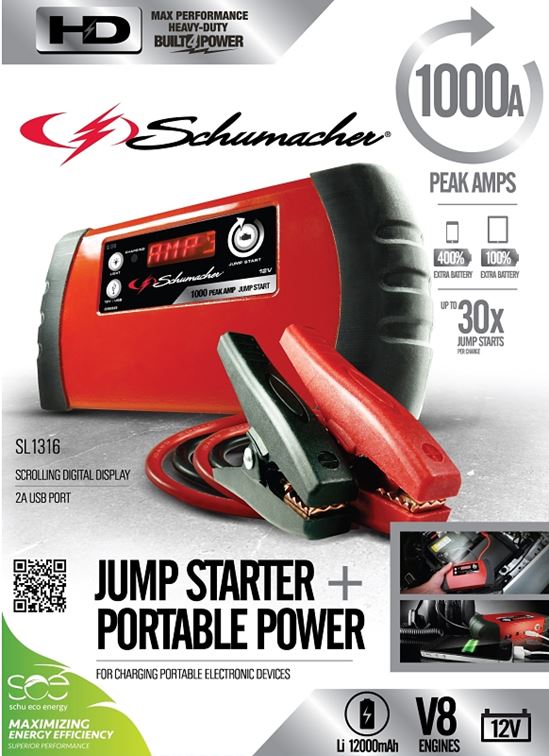 Schumacher SL1316 Jump Starter/Portable Power, 12 VDC, 1000 A, Lithium-Ion Battery - VORG7227838