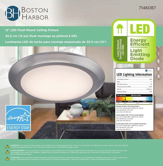 Boston Harbor CL006AC1215-12 Flush Mount Ceiling Fixture, 120 V, 17 W, 1-Lamp, LED Lamp, 1200 Lumens - VORG7146087