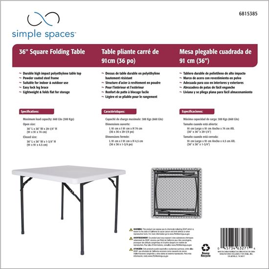 Simple Spaces BT036X001A Folding Table, 36 in OAW, 36 in OAD, 29-1/4 in OAH, Steel Frame, Polyethylene Tabletop - VORG6815385