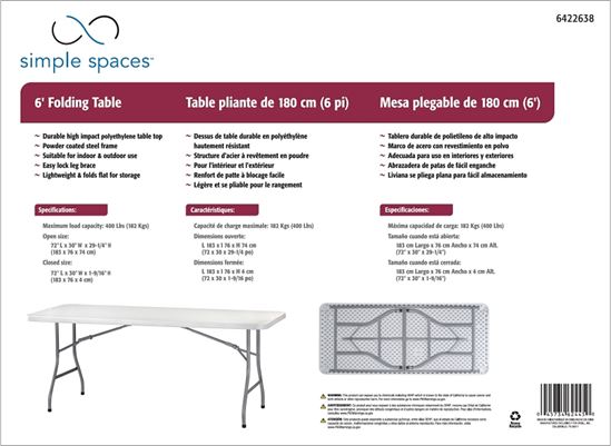 Simple Spaces TBL-040 Banquet Table, 6 ft OAW, 30 in OAD, 29-1/4 in OAH, Steel Frame, Polyethylene Tabletop - VORG6422638