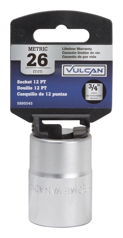 Vulcan MT-SM6026 Drive Socket, 26 mm Socket, 3/4 in Drive, 12-Point, Chrome Vanadium Steel, Chrome - VORG5895545