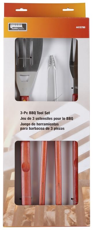 Omaha SBQ318-3-B Barbecue Tool Set with Handle and Hanger, 1.5 mm, Stainless Steel Blade, Stainless Steel, Wood Handle - VORG4415790