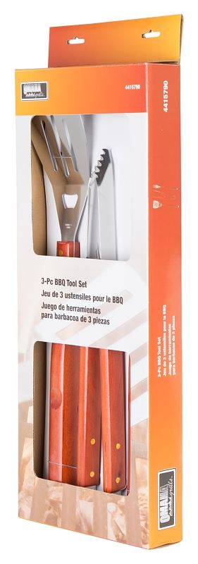 Omaha SBQ318-3-B Barbecue Tool Set with Handle and Hanger, 1.5 mm, Stainless Steel Blade, Stainless Steel, Wood Handle - VORG4415790