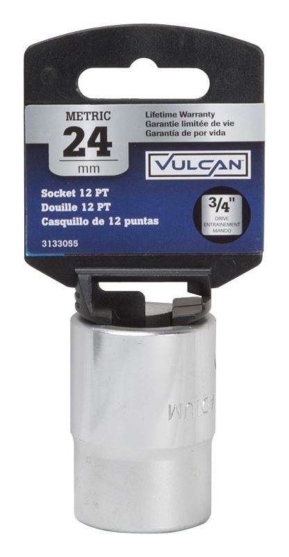 Vulcan MT-SM6024 Drive Socket, 24 mm Socket, 3/4 in Drive, 12-Point, Chrome Vanadium Steel, Chrome - VORG3133055