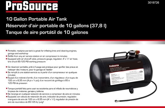 ProSource AT10 Air Tank, 10 gal Tank, 5/16 in Inlet, 1/4 in Outlet, 85 to 125 psi Pressure, Steel, 2 mm - VORG3019726