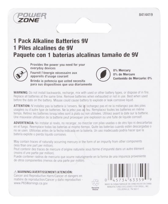 PowerZone 6LR61-1P-DB Battery, 9 V Battery, Zinc, Manganese Dioxide and Potassium Hydroxide, Pack of 15 - VORG8414419