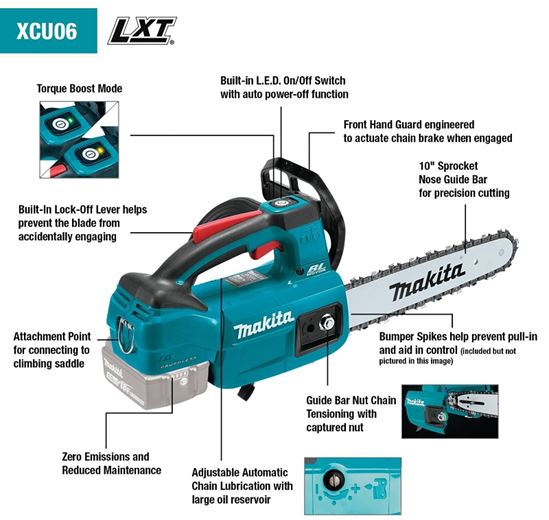 Makita XCU06Z Chainsaw, Tool Only, 18 V, Lithium-Ion, 2 in Cutting Capacity, 10 in L Bar, 3/8 in Pitch - VORG7344278