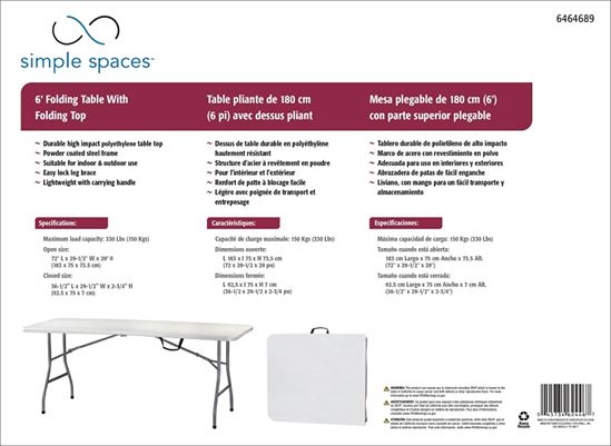 Simple Spaces TBL-072 Fold-in-Half Table, 6 ft OAW, 29-1/2 in OAD, 29 ft OAH, Steel Frame, Polypropylene Tabletop - VORG6464689