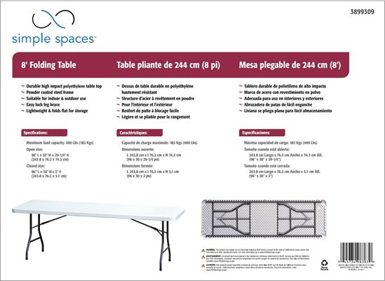 Simple Spaces DL-C2403L Banquet Table, 8 ft OAW, 30 in OAD, 29-1/4 in OAH, Steel Frame, Polyethylene Tabletop - VORG3899309