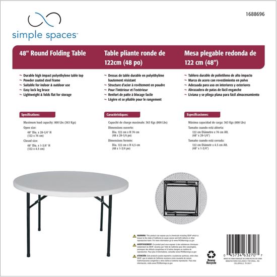 Simple Spaces BT048X001A Folding Table, 48 in OAW, 48 in OAD, 29-1/4 in OAH, Steel Frame, Polyethylene Tabletop - VORG1688696