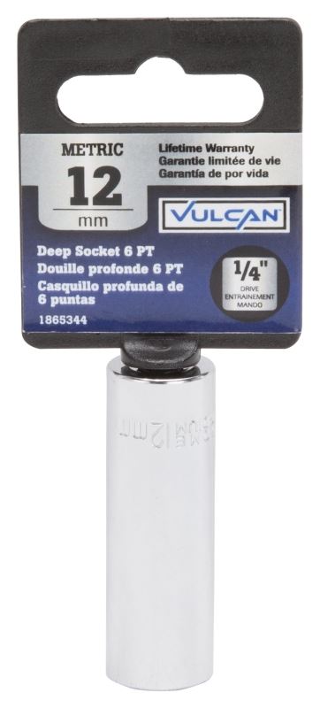 Vulcan MT6487810 Drive Socket, 12 mm Socket, 1/4 in Drive, 6-Point, Chrome Vanadium Steel, Chrome - VORG1865344