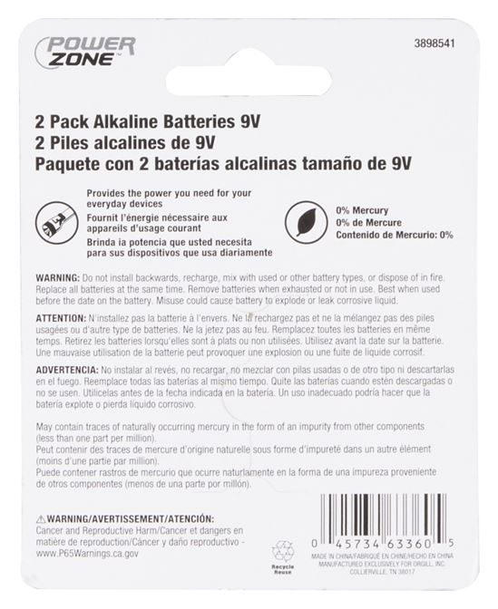 PowerZone 6LR61-2P-DB Battery, 9 V Battery, Zinc, Manganese Dioxide, and Potassium Hydroxide, Pack of 15 - VORG3898541