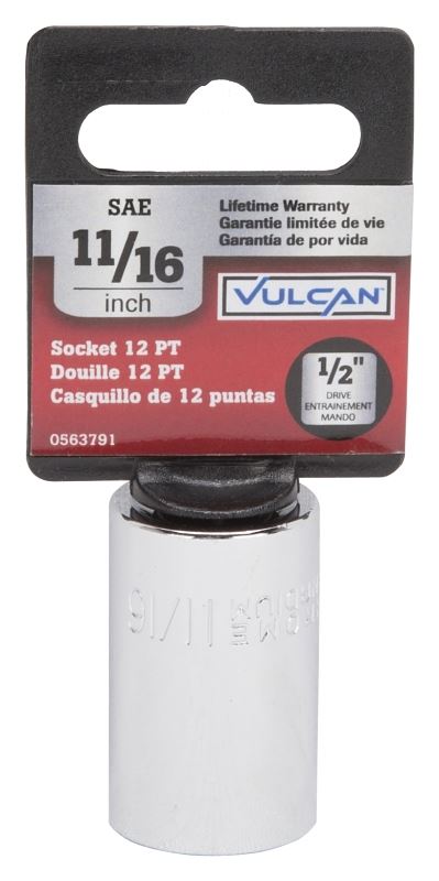 Vulcan MT6516926 Drive Socket, 11/16 in Socket, 1/2 in Drive, 12-Point, Chrome Vanadium Steel, Chrome - VORG0563791