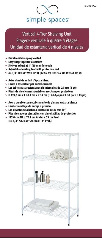 Simple Spaces SS-JR0404-WH 4-Tier Shelf Stacker, Each Shelf: 132 lb, 4-Tier Shelving-Level, 31 in W, Steel, White - VORG3394152