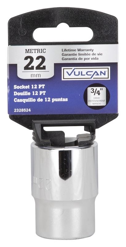 Vulcan MT-SM6022 Drive Socket, 22 mm Socket, 3/4 in Drive, 12-Point, Chrome Vanadium Steel, Chrome - VORG2328524