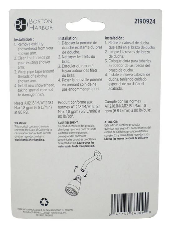 Boston Harbor PP6881320 Shower Head, Round, 1.8 gpm, 1/2-14 NSPM Connection, Threaded, ABS, 1-3/4 in Dia - VORG2190924