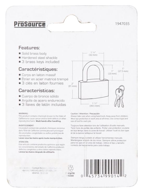 ProSource TGE-BP403L Padlock, Standard Shackle, 3/16 in Dia Shackle, 1 in H Shackle, Steel Shackle, Brass Body - VORG1947035