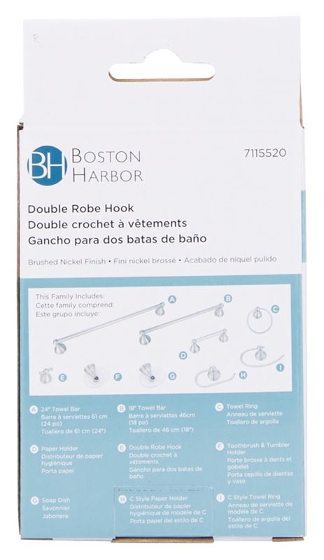 Boston Harbor L5053-13B-10-3L Double Robe Hook, 2-Hook, Zinc, Brushed Nickel, Wall Mounting - VORG7115520