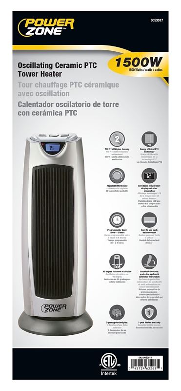 PowerZone KPT-2000BN Ceramic Tower Heater, 12.5 A, 120 V, 750/1500 W, 2-Heat Setting, Grey - VORG0053017