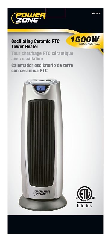 PowerZone KPT-2000BN Ceramic Tower Heater, 12.5 A, 120 V, 750/1500 W, 2-Heat Setting, Grey - VORG0053017