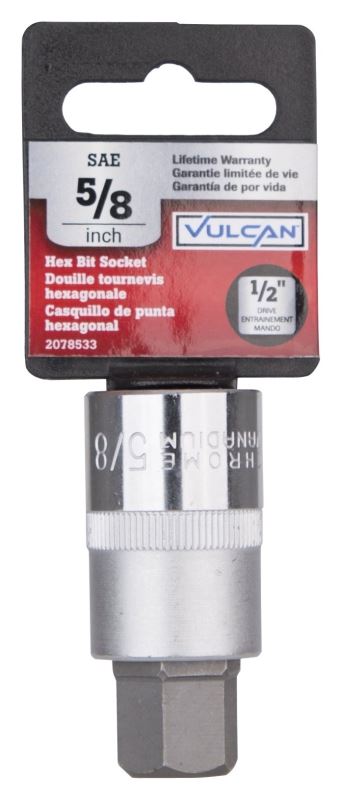 Vulcan 3506012313 Fractional Hex Bit Socket, 5/8 in Tip, 1/2 in Drive, Chrome, 2-1/2 in OAL - VORG2078533