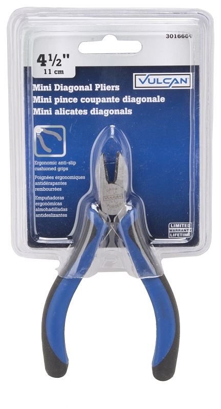 Vulcan JL-NP039 Diagonal Cutting Plier, 4.5 in OAL, 0.8 mm Cutting Capacity, 0.5 in Jaw Opening, Black/Blue Handle - VORG3016664