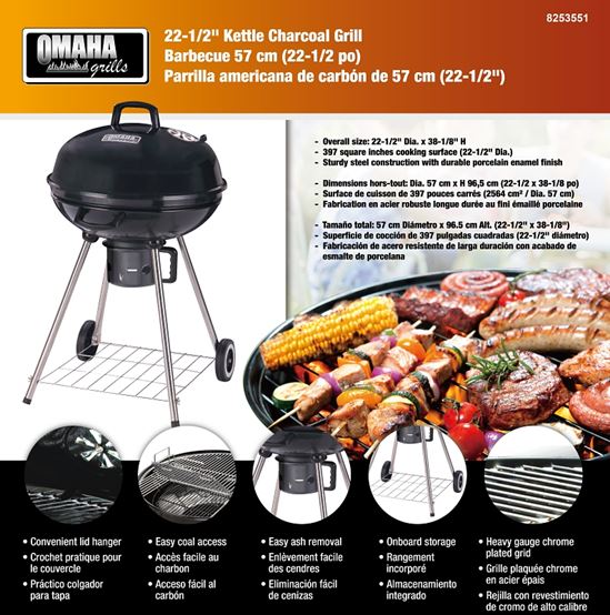 Omaha DFKP22443L Charcoal Kettle Grill, 2-Grate, 397 sq-in Primary Cooking Surface, Black, Steel Body - VORG8253551